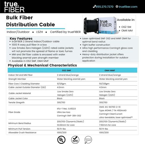 trueFIBER 2 كابل توزيع داخلي محكم من الألياف السائبة، 1000 قدم (305 م)، OS2 9/125 وضع فردي، 4.0 مم كاملة (OFNP)، مدرج في قائمة UL، دوبلكس 2 ألياف SM بكرة في صندوق in Kuwait