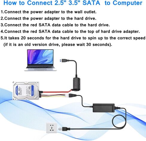 اورتوب كيبل محول ساتا / باتا/اي دي اي الى USB 2.0 للقرص الصلب HDD SSD 2.5 انش 3.5 انش مع مصدر طاقة تيار متردد خارجي، متوافق مع جميع انظمة الكمبيوتر واللابتوب والكمبيوتر المكتبي وماك in Kuwait