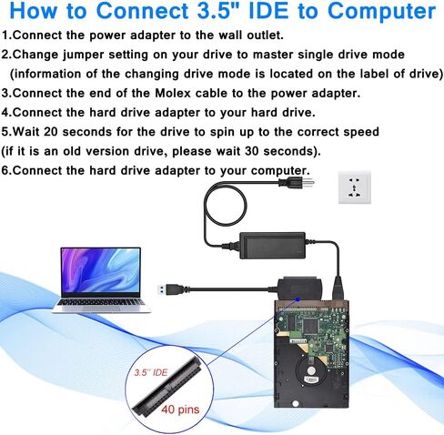 اورتوب كيبل محول ساتا / باتا/اي دي اي الى USB 2.0 للقرص الصلب HDD SSD 2.5 انش 3.5 انش مع مصدر طاقة تيار متردد خارجي، متوافق مع جميع انظمة الكمبيوتر واللابتوب والكمبيوتر المكتبي وماك in Kuwait