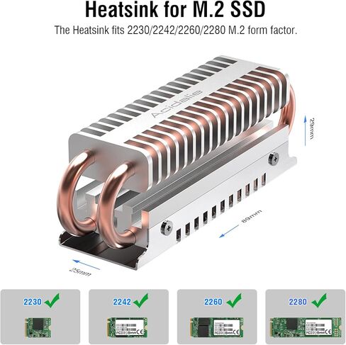 حوض حرارة اسيدالي M.2 SSD مع طبقة مزدوجة من الألومنيوم و4 مبرد أنابيب حرارة نحاسي لـ M.2 SSD 2230/2242/2260/2280 [فضي] in Kuwait