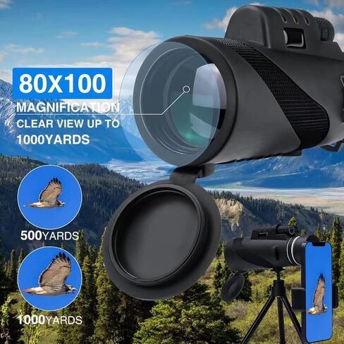 80x100 High Powered Monocular Telescope for Smartphone, AMESEDAK Compact & Portable High Definition Monocular for Adults with Low Night Vision, High Powered Telescope with Smartphone Adapter in Kuwait