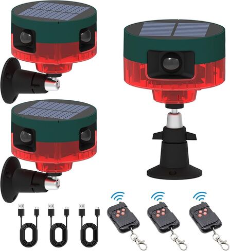 ChunHee Solar Outdoor Alarm Motion Sensor, Dog Barking & Gunshot Sounds & Recording, 360°Motion Detector Alarm,129dB Loud Siren,3 Work Modes Strobe Light with Remote 2Pack in Kuwait