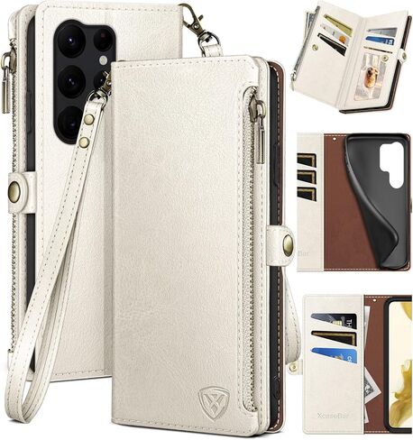 حافظة XcaseBar لهاتف Samsung Galaxy S23 Ultra مع سحاب 【RFID Blocking】 حامل بطاقة الائتمان، حافظة هاتف من جلد البولي يوريثان قابلة للطي وغطاء مقاوم للصدمات للنساء والرجال لهاتف Samsung S23Ultra باللون الأحمر الخمري in Kuwait