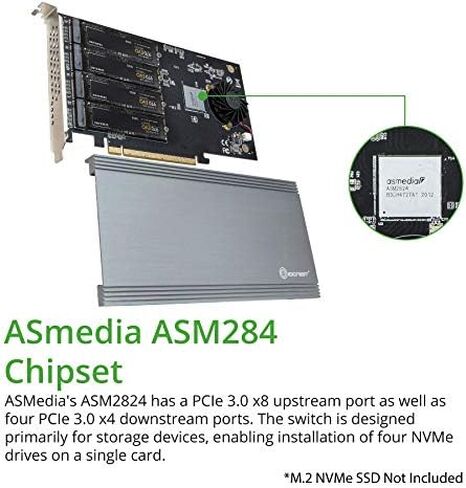 Syba Quad M.2 NVMe Ports to PCIe 3.0 x16 Interface x8 Bandwidth Bifurcation Riser Controller - Support Non-Bifurcation Motherboard (SI-PEX40157) in Kuwait