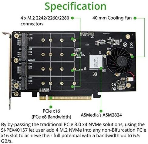 Syba Quad M.2 NVMe Ports to PCIe 3.0 x16 Interface x8 Bandwidth Bifurcation Riser Controller - Support Non-Bifurcation Motherboard (SI-PEX40157) in Kuwait