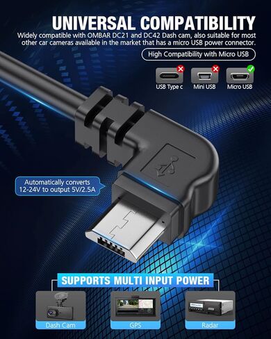 OMBAR Dash Cam Hardwire Kit, 11.5ft Micro USB Hard Wire Kit Fuse for Dashcam, 12V-24V to 5V Car Dash Camera Charger Power Cord, Low Voltage Protection, Enable Parking Mode for DC21, DC42 in Kuwait