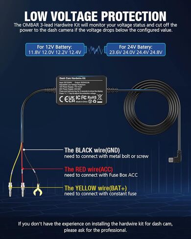 OMBAR Dash Cam Hardwire Kit, 11.5ft Micro USB Hard Wire Kit Fuse for Dashcam, 12V-24V to 5V Car Dash Camera Charger Power Cord, Low Voltage Protection, Enable Parking Mode for DC21, DC42 in Kuwait