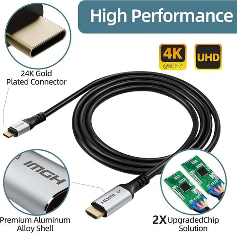 Elecan USB C to HDMI Cable 20 Ft, 4K@60Hz HDR, Gold-Plated Braided High-Speed USB 3.1 Type-C to HDMI 2.0 Cord Thunderbolt 3 Compatible for Galaxy MacBook Pro/Air iPad Pro Surface Dell HP with 5 Ties in Kuwait