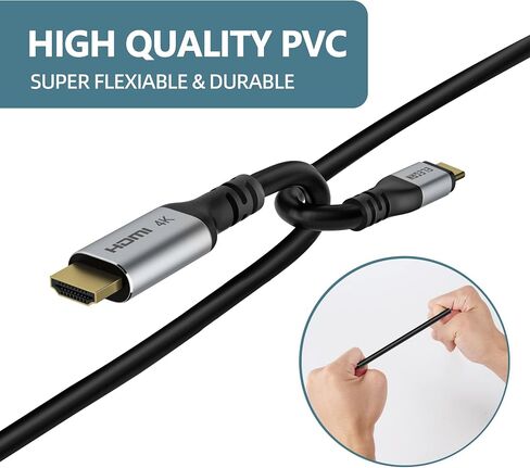 Elecan USB C to HDMI Cable 20 Ft, 4K@60Hz HDR, Gold-Plated Braided High-Speed USB 3.1 Type-C to HDMI 2.0 Cord Thunderbolt 3 Compatible for Galaxy MacBook Pro/Air iPad Pro Surface Dell HP with 5 Ties in Kuwait