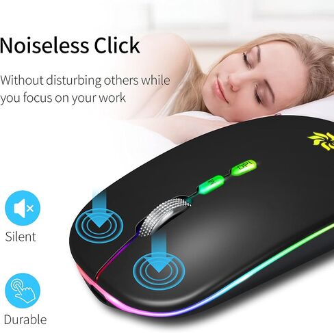 KBCASE ماوس لاسلكي LED ماوس نحيف صامت 2.4G ماوس كمبيوتر لاسلكي قابل لإعادة الشحن فأرة كمبيوتر لاسلكية لأجهزة الكمبيوتر المحمول، MacBook، iPad، Chromebook، مع جهاز استقبال USB ونوع C in Kuwait