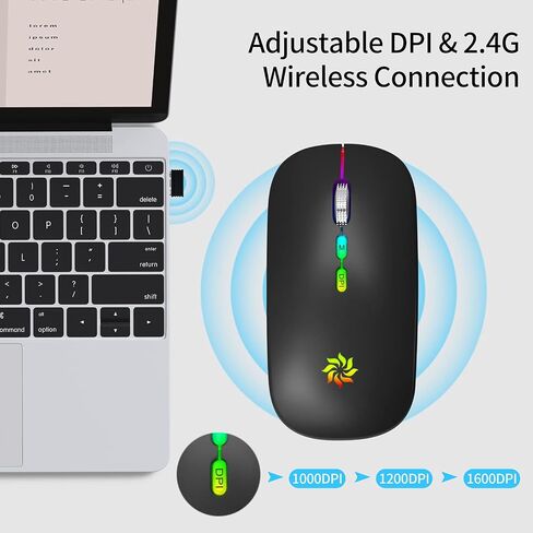 KBCASE ماوس لاسلكي LED ماوس نحيف صامت 2.4G ماوس كمبيوتر لاسلكي قابل لإعادة الشحن فأرة كمبيوتر لاسلكية لأجهزة الكمبيوتر المحمول، MacBook، iPad، Chromebook، مع جهاز استقبال USB ونوع C in Kuwait