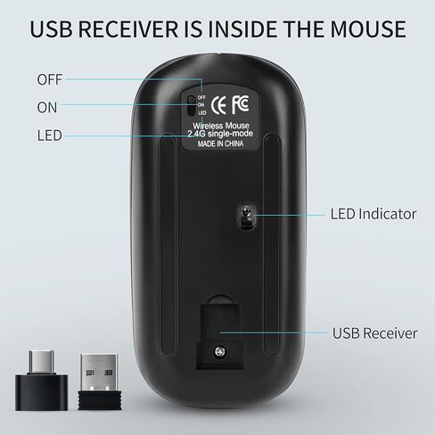KBCASE ماوس لاسلكي LED ماوس نحيف صامت 2.4G ماوس كمبيوتر لاسلكي قابل لإعادة الشحن فأرة كمبيوتر لاسلكية لأجهزة الكمبيوتر المحمول، MacBook، iPad، Chromebook، مع جهاز استقبال USB ونوع C in Kuwait