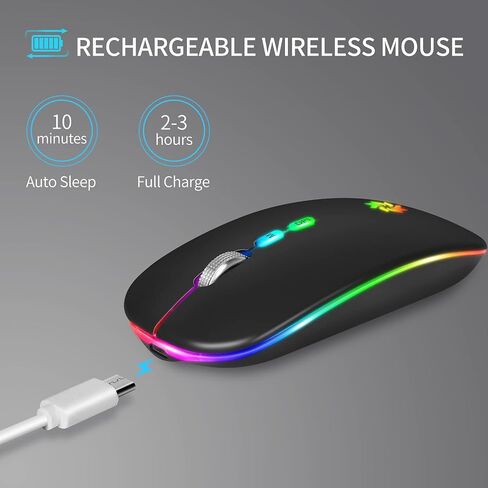 KBCASE ماوس لاسلكي LED ماوس نحيف صامت 2.4G ماوس كمبيوتر لاسلكي قابل لإعادة الشحن فأرة كمبيوتر لاسلكية لأجهزة الكمبيوتر المحمول، MacBook، iPad، Chromebook، مع جهاز استقبال USB ونوع C in Kuwait