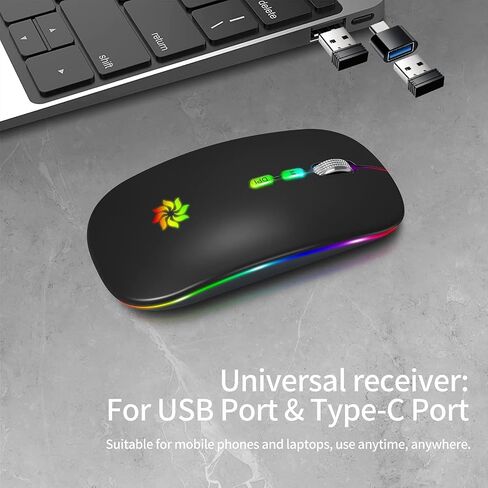 KBCASE ماوس لاسلكي LED ماوس نحيف صامت 2.4G ماوس كمبيوتر لاسلكي قابل لإعادة الشحن فأرة كمبيوتر لاسلكية لأجهزة الكمبيوتر المحمول، MacBook، iPad، Chromebook، مع جهاز استقبال USB ونوع C in Kuwait