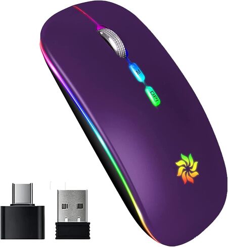 KBCASE ماوس لاسلكي LED ماوس نحيف صامت 2.4G ماوس كمبيوتر لاسلكي قابل لإعادة الشحن فأرة كمبيوتر لاسلكية لأجهزة الكمبيوتر المحمول، MacBook، iPad، Chromebook، مع جهاز استقبال USB ونوع C in Kuwait