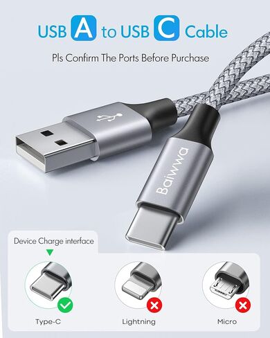 كابل Baiwwa USB C شحن سريع [عبوة من قطعتين، 3 أقدام]، كابل USB A إلى النوع C سلك شاحن مضفر لهاتف iPhone 15/15 Pro/15 Plus/15 Pro Max Samsung Galaxy S22 S21 S20 S10 Ultra Plus A71 A51 A20 A13 A11 ( رمادي) in Kuwait