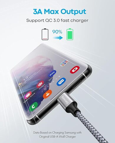 كابل Baiwwa USB C شحن سريع [عبوة من قطعتين، 3 أقدام]، كابل USB A إلى النوع C سلك شاحن مضفر لهاتف iPhone 15/15 Pro/15 Plus/15 Pro Max Samsung Galaxy S22 S21 S20 S10 Ultra Plus A71 A51 A20 A13 A11 ( رمادي) in Kuwait