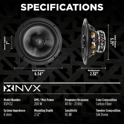 NVX® 6.5" Car Speakers 2-Way 6-1/2 inch Coaxial Speaker (Pair) | 600W Max, 200W RMS Car Speakers w/ 1" Silk Dome Tweeters & Built-in X-Overs, Easy to Install in Cars/Trucks/Doors in Kuwait