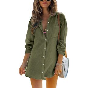 Womens Beach Cover Up Button Down Shirts Summer Cotton Gauze Tops Long Sleeve Bikini Swimsuit