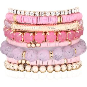RIAH FASHION Multi Color Stretch Beaded Stackable Bracelets - Layering Bead Strand Statement Wrap Bangles