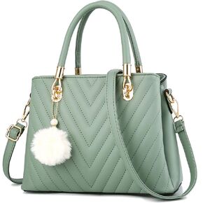 Womens Fashion Leather Handbags Quilted Purses Top-handle Totes Satchel Bag for Ladies Shoulder Bag for Women with Pompom