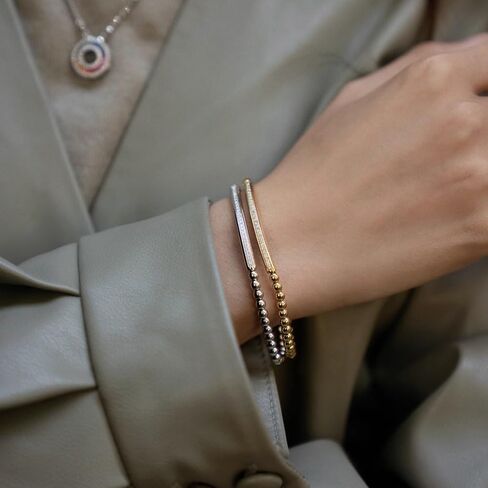 NUZON 4MM Gold Beaded Chain Bracelet for Women Dainty 14K Gold Plated CZ Curved Bar Bracelet Stretch/Lobster Clasp 2 Options in Kuwait