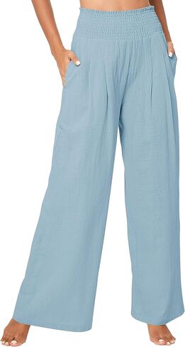 بنطلون نسائي من Urban Coco بخصر عالٍ وخفيف الوزن وفضفاض كاجوال واسع الساق وبنطلون طويل مع جيب in Kuwait