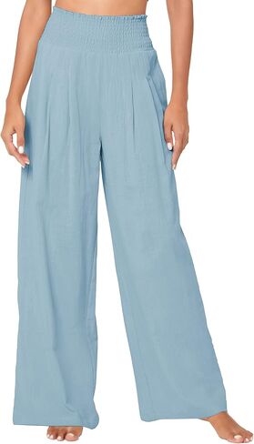 بنطلون نسائي من Urban Coco بخصر عالٍ وخفيف الوزن وفضفاض كاجوال واسع الساق وبنطلون طويل مع جيب in Kuwait