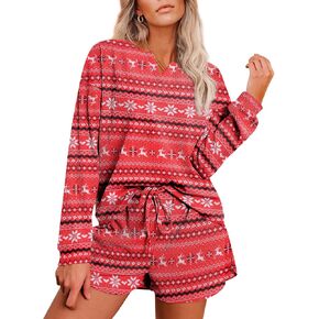 Ekouaer Womens Waffle Knit Pajamas Lounge Set Long Sleeve Top and Shorts 2 Piece Loungewear with Pockets in Kuwait