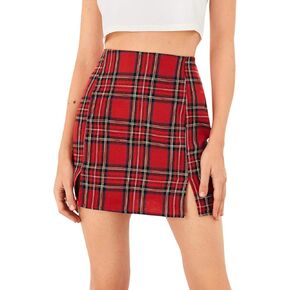 WDIRARA Women's Plaid Skirt High Waist Split Front Zip Up Mini Bodycon Skirt