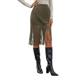 WDIRARA Women's Tassel Fringe Trim Faux Suede Straight Hem High Waisted Midi Skirt