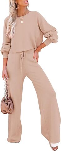 Pink Queen Women's 2 Piece Lounge Outfit Sweater Set Long Sleeve Crop Knit Top and Wide Leg Long Pants Sweatsuit in Saudi Arabia