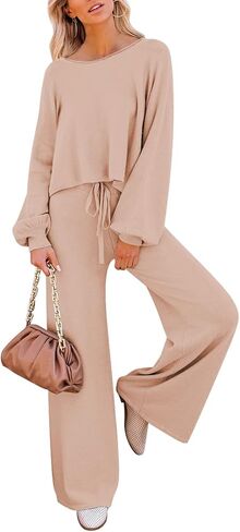 Pink Queen Women's 2 Piece Lounge Outfit Sweater Set Long Sleeve Crop Knit Top and Wide Leg Long Pants Sweatsuit in Saudi Arabia