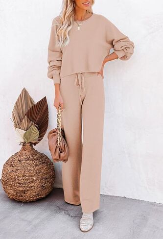 Pink Queen Women's 2 Piece Lounge Outfit Sweater Set Long Sleeve Crop Knit Top and Wide Leg Long Pants Sweatsuit in Saudi Arabia
