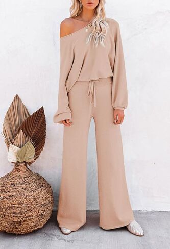 Pink Queen Women's 2 Piece Lounge Outfit Sweater Set Long Sleeve Crop Knit Top and Wide Leg Long Pants Sweatsuit in Saudi Arabia