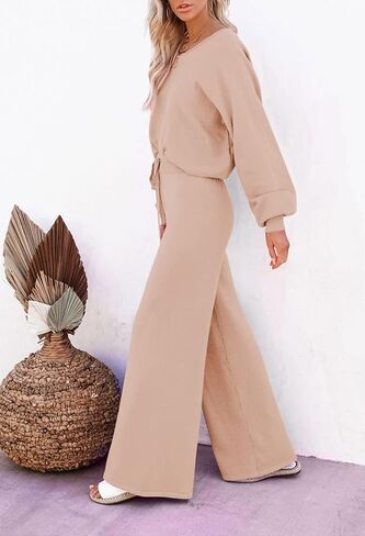 Pink Queen Women's 2 Piece Lounge Outfit Sweater Set Long Sleeve Crop Knit Top and Wide Leg Long Pants Sweatsuit in Saudi Arabia