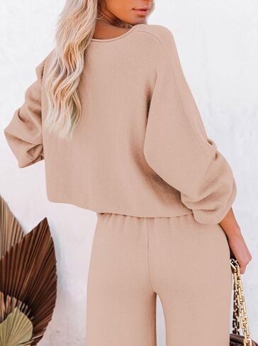 Pink Queen Women's 2 Piece Lounge Outfit Sweater Set Long Sleeve Crop Knit Top and Wide Leg Long Pants Sweatsuit in Saudi Arabia