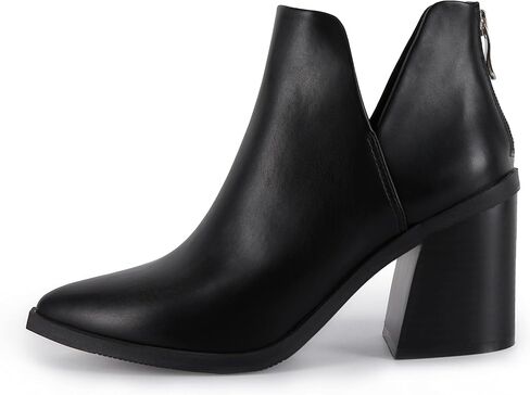 Kathemoi Womens Slip on Ankle Boots V Cutout Pointed Toe Chunky Stacked Mid Heel Booties in Saudi Arabia