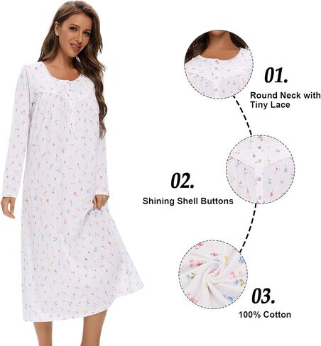 IZZY + TOBY Cotton Nightgowns for Women Long Sleeve Soft Long Warm Nightdress Kintted Night Gown Ladies Nightdress in Kuwait