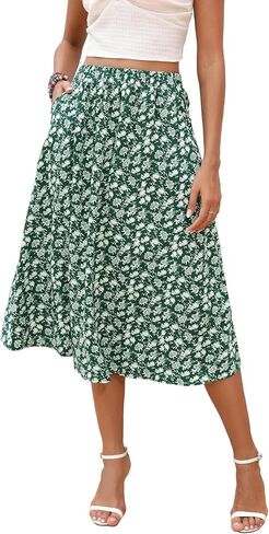 تنانير بيريدريس للنساء بخصر مطاطي، تنانير متوسطة الطول كاجوال بطبعة زهور على شكل حرف a مع جيوب in Kuwait