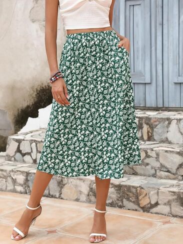 تنانير بيريدريس للنساء بخصر مطاطي، تنانير متوسطة الطول كاجوال بطبعة زهور على شكل حرف a مع جيوب in Kuwait