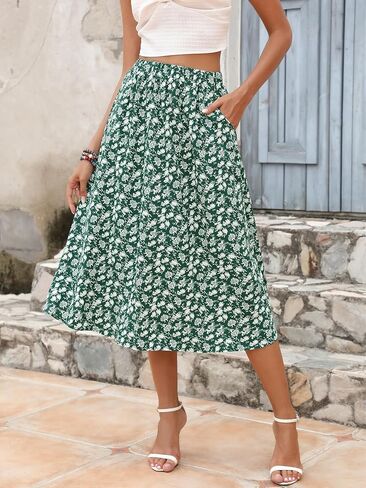 تنانير بيريدريس للنساء بخصر مطاطي، تنانير متوسطة الطول كاجوال بطبعة زهور على شكل حرف a مع جيوب in Kuwait