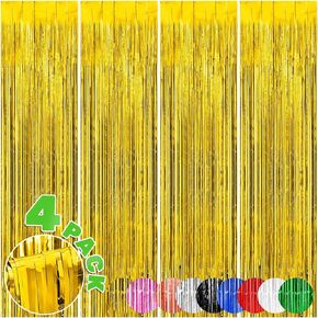 4-Pack Backdrop for Party Decorations, Foil Fringe Backdrop Curtains, Tinsel Streamers for Birthday Party Decorations, Black Tinsel Curtains for Halloween Bachelorette Prom Disco Hollywood Theme Party