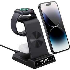 قاعدة شحن لآبل، شاحن لاسلكي 4 في 1 مع ساعة رقمية، قاعدة شحن لاسلكية لسلسلة iPhone 15/14/13/12/11/X، لساعة Apple Ultra 2/Series 9/8/7/6/5، Air القرون برو 2/3/برو