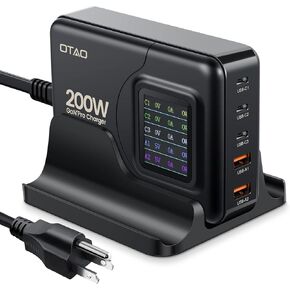 شاحن USB C بقوة 200 وات، شاحن OTAO لسطح المكتب بـ 5 منافذ GaN مع شاشة LCD، PD 3.0 100W/QC 3.0 22.5W/PPS 45W محطة شحن سريعة مع محول تيار متردد لجهاز MacBook Pro/Air، iPad، iPhone، Samsung in Kuwait