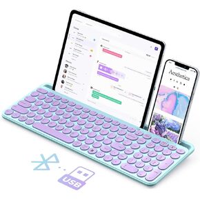 seenda Cute Wireless Bluetooth Keyboard, Bluetooth + 2.4G Round Key Typewriter Keyboard with Number Pad, Phone Tablet Holder for iPad, Andriod Phone, MacBook/Windows Computer Desktop, Sakura Pink
