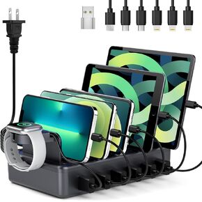 Honcila Charging Station for Multiple Devices, 6 in 1 Charger Station Multiple Charging Station for Cellphone Tablet iPhone iPad and More-50W Charging Dock with Mixed Charging Cables