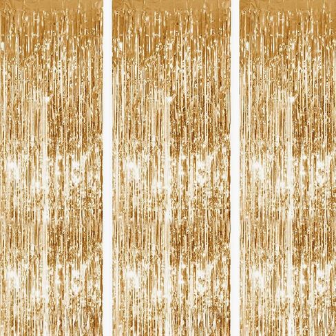 Tayuvira Gold Metallic Tinsel Foil Fringe Curtain, 3 Pcs 3.3ft x6.6ft Photo Booth Backdrop Streamer Curtains&Photo Booth Props, Party Decorations for Bachelorette Graduation Wedding Birthday (Gold) in Kuwait