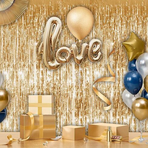 Tayuvira Gold Metallic Tinsel Foil Fringe Curtain, 3 Pcs 3.3ft x6.6ft Photo Booth Backdrop Streamer Curtains&Photo Booth Props, Party Decorations for Bachelorette Graduation Wedding Birthday (Gold) in Kuwait