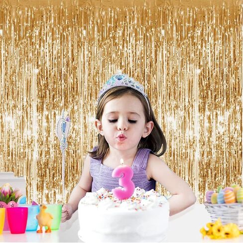Tayuvira Gold Metallic Tinsel Foil Fringe Curtain, 3 Pcs 3.3ft x6.6ft Photo Booth Backdrop Streamer Curtains&Photo Booth Props, Party Decorations for Bachelorette Graduation Wedding Birthday (Gold) in Kuwait